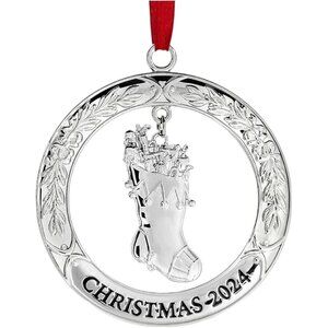 Christmas Silver 3" x 3" Wreath with Stocking Pendant Engraved Tree Ornament